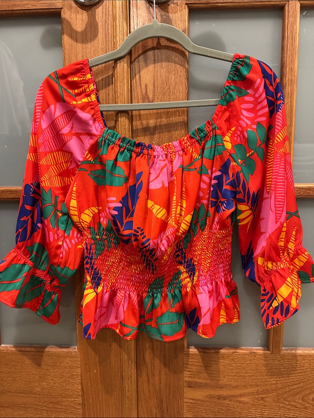 Skies Are Blue Red Tropical Smocked Peasant Top